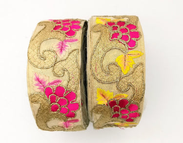 Beige Art Silk Fabric Trim with Floral Embroidery in Yellow, Gold and Fuchsia, Flower Embroidered Trim